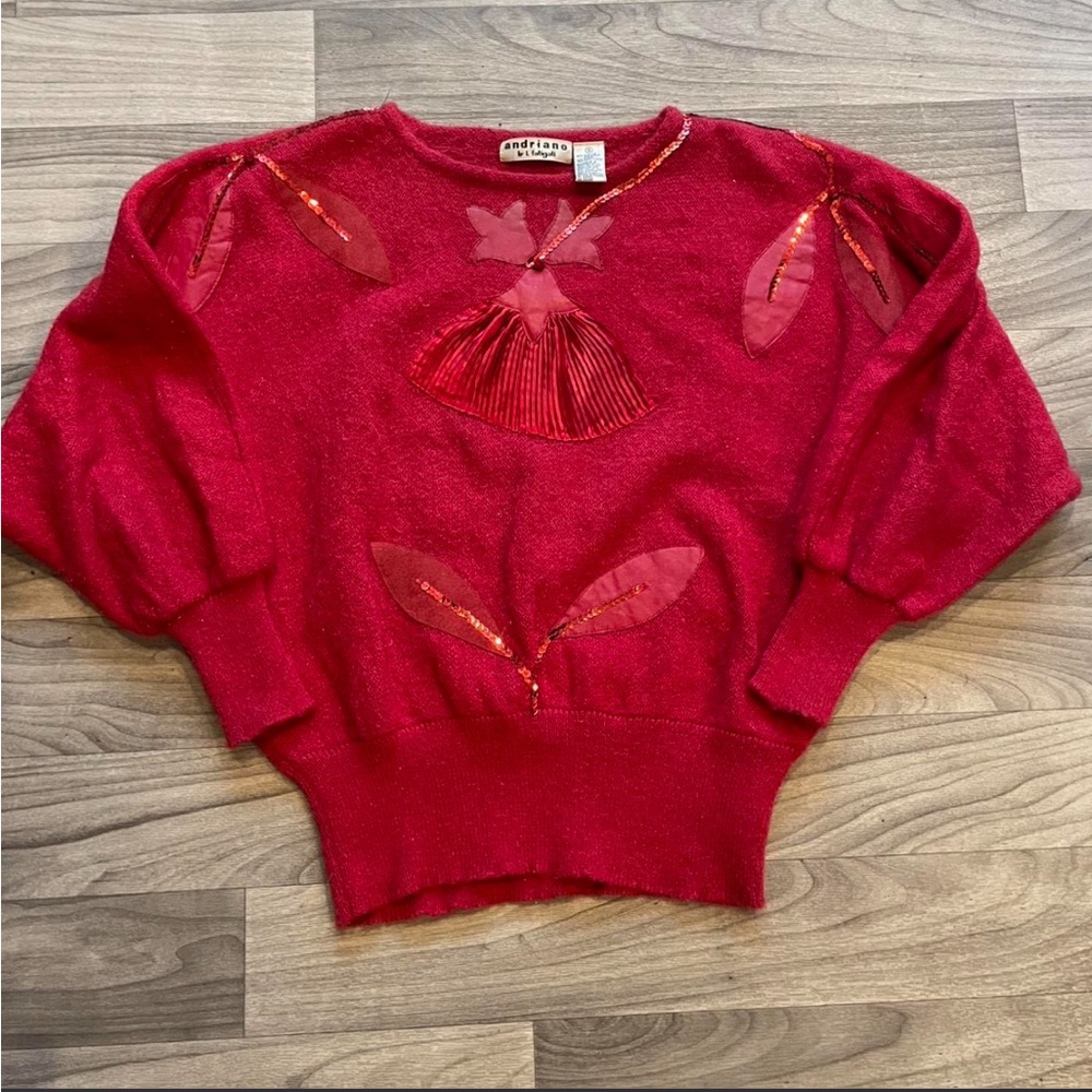 Vintage acrylic x wool red embroidered sweater womens oversized fit 90s ANDRIANO